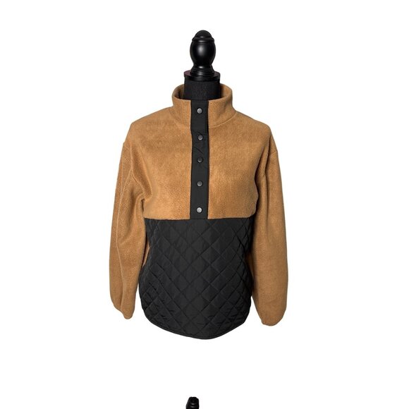 J. Crew Women's Tan/Black 1/2 Snap-Down Fleece & Quilted Combo Pullover S - Picture 1 of 9